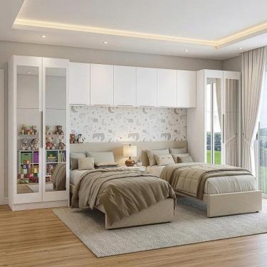 Imagem de Quarto Infantil com 2 Guarda-Roupas com Espelhos Neo 3 Aéreos 1 Mesa de Cabeceira Branc...