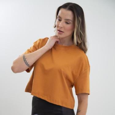 Imagem de Camiseta Cropped Oversized - Estampa Lisa - Ju Ribeiro Ind, Caramelo, 