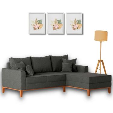 Imagem de Sofá Beny com Chaise Direita, 2,00x1,40m, 3 Lugares, Linho, Base em Madeira.