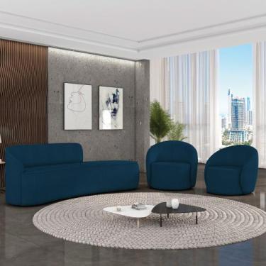 Imagem de Sofá 4 Lugares Orgânico 220cm Morgan e 2 Poltronas Lua Bouclê Azul D03