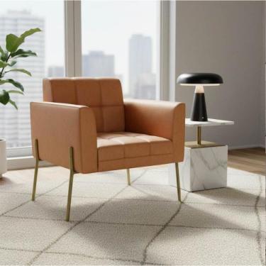 Imagem de Poltrona Sala Decorativa Elisa Pé de Aço Lateral Dourado Sintético PU 