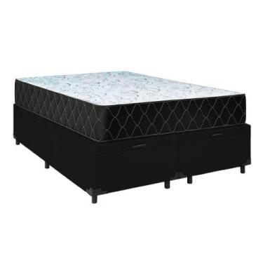 Imagem de Cama Box Baú King 193 Tecido Sintético Preto Com Colchão Marrocos - Po