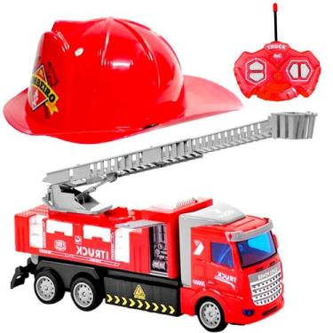 Imagem de Kit Especial Carrinho de Controle Caminhão Bombeiros Luz Escada e Chap