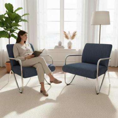 Imagem de Kit 2 Poltronas Decorativa Bela Linho Azul Marinho Braço Cromado Mz De