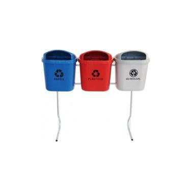 Imagem de Conjunto para Coleta Seletiva com 3 Lixeiras 40L com Estrutura Metálica e Proteção UV para Áreas Externas