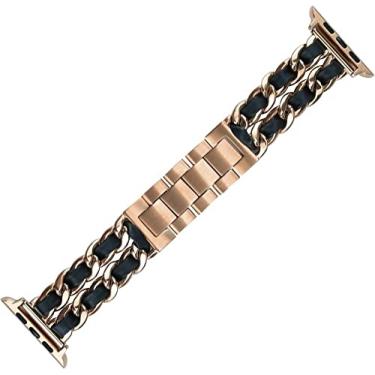 Imagem de Pulseira Aço Elos Couro Trançado, Compatível com Apple Watch (42/44/45, Dourado Rosê)