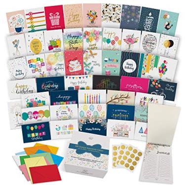 Imagem de Dessie 100 cartões de aniversário exclusivos sortidos com saudações dentro para empresas e indivíduos. 100 envelopes de cores sortidas, selos dourados, calendário de aniversário em caixa de