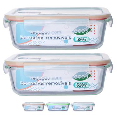 Imagem de Jogo 2 Pote Vidro Retangular Tampa Hermetica 4 Trava 1520ML