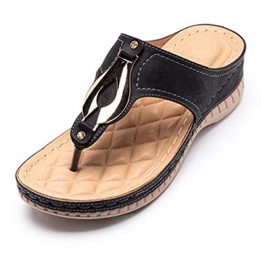 Imagem de Chinelos ortopédicos para mulheres, sandálias de fascite plantar para pés lisos com suporte de arco chinelo estilo chinelo sandália para caminhar confortável, preto, 39