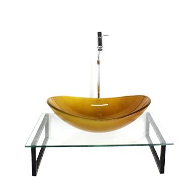 Imagem de KIT CUBA DE VIDRO OVAL 10MM DOURADO REAL COM TAMPO 50CM INCOLOR E SUPORTE PRETO