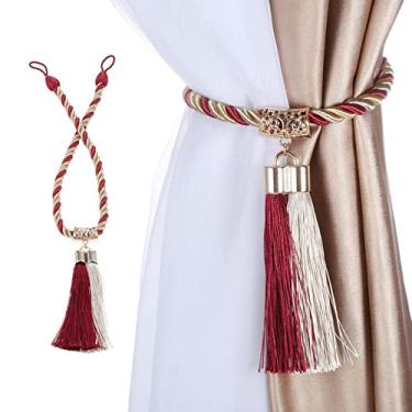 Imagem de 2 pçs corda de cortina tiebacks com borla janela tricô à mão bola decoração fivela cordão cortinas retenções 61 cm, vermelho