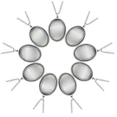 Imagem de 10 conjuntos de bandeja de aço inoxidável, pingente em branco, com cabochões de vidro e corrente para colar de resina de foto, joias, oval, 40 x 30 mm