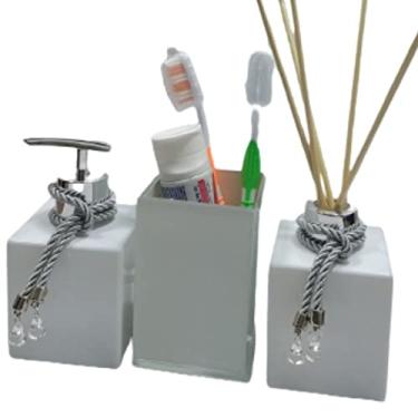 Imagem de Kit Lavabo Dispenser Saboneteira Aromatizador Porta Escova De Dentes Em Vidro Organizadores Para Banheiro Branco e Prata