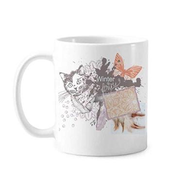 Imagem de Pequeno gato e borboleta em pintura a tinta Caneca cerâmica café porcelana louça