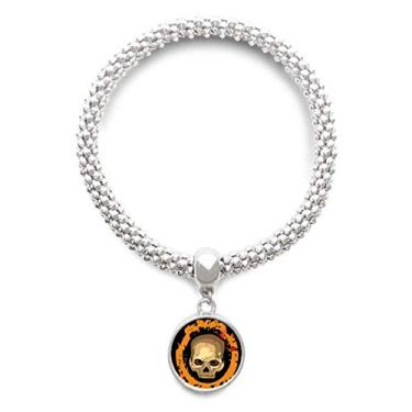 Imagem de DIYthinker Pulseira de prata de caveira realista redonda de Halloween com pingente de corrente ajustável
