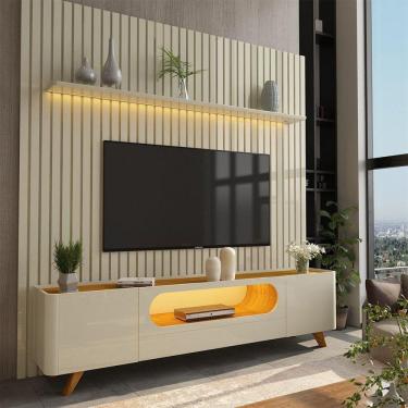 Imagem de Rack com Painel Ripado para TV até 85 Polegadas 1 Gaveta 2 Portas 1 Prateleira com LED 230cm Nobre Off White/Marromle