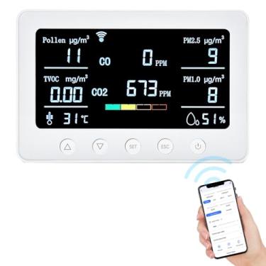 Imagem de CIADAZ Monitor de qualidade do ar WiFi de 2,4 GHz 8 em 1 CO2 / CO / PM2.5 / PM1.0 / TVOC/Pólen/Medidor de temperatura e umidade com alarme Smart Tuya APP NDIR Sensor Registrador de dados portátil