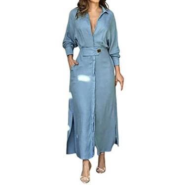 Imagem de Vestidos maxi para mulheres 2023 casual cor sólida botão até manga comprida lapela vestido bodycon Vestido Plus Size (Z1-Blue, S)