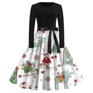 Imagem de UIFLQXX Vestido de coquetel feminino vintage com estampa de Natal, vestido casual, manga comprida, gola redonda, vestido rodado grande, Branco, M