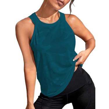 Imagem de OYOANGLE Camisetas femininas de treino sem mangas com estampa camuflada para exercícios e corrida, regatas esportivas, Azul-petróleo, M