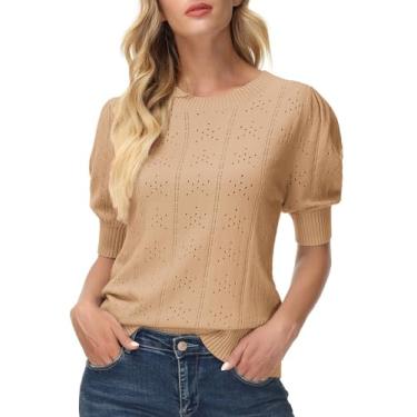 Imagem de GRACE KARIN Suéter feminino leve e fino de verão pulôver fofo de manga curta pulôver blusa de malha, Caqui, P