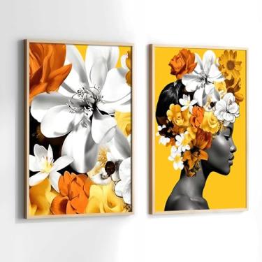 Imagem de Quadros Decorativos com Moldura Mulher Flores na Cabeça laranja Amarelo Sala Quarto Kit Conjunto 2