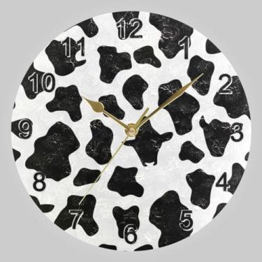 Imagem de CHIFIGNO Relógio de parede preto e branco com círculo de pele de vaca, relógios de parede decorativos operados por bateria para decoração de sala de estar
