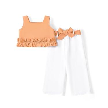Imagem de PATPAT Conjunto de 2 peças de camiseta regata sem mangas com bainha plissada e calça com laço, Rosa alaranjado, 5-6 Anos