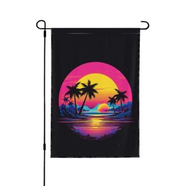 Imagem de Axxitude Bandeiras de jardim de palmeiras bandeira de jardim pôr do sol de verão para decorações de suspensão dupla face externa/externa 30 x 45 cm