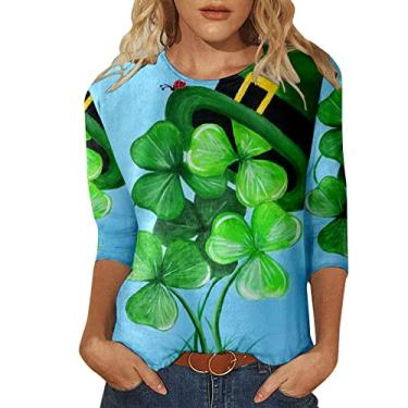 Imagem de Camisetas femininas do Dia de São Patrício Shamrock Lucky camisetas túnica verde casual manga 3/4, Azul, M