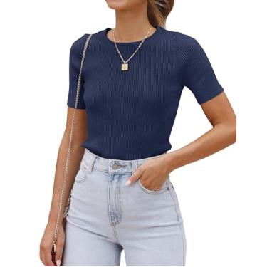 Imagem de ZCSIA Camiseta feminina básica de manga curta 2024 verão gola redonda malha slim fit cor lisa, amêndoa, Azul marino, P