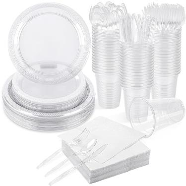 Imagem de ADXCO Conjunto de louça descartável de 350 peças de artigos de festa transparentes, incluindo pratos de plástico, copos, facas, garfos, colheres, guardanapos de papel, serve 50 convidados para festas de aniversário, casamento, formatura