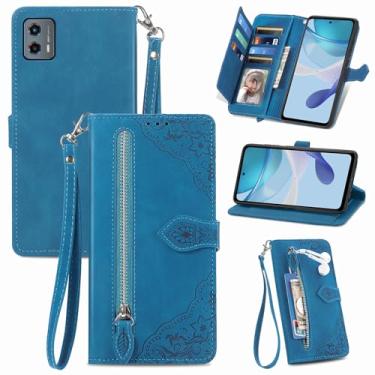 Imagem de Furiet Capa carteira compatível com Motorola Moto G 5G 2023 com alça de pulso e suporte de cartão flip de couro, acessórios de celular, capa para celular para mulheres G5G G5 azul
