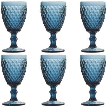Imagem de Taganov Conjunto de 6 taças de vinho azuis, copos coloridos, vintage, em relevo, copo com haste de água de 293 ml, para bar de festa de casamento