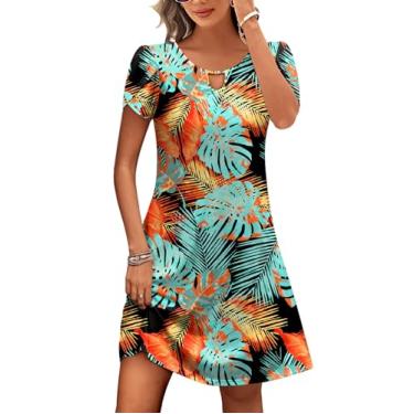 Imagem de HOTOUCH Vestido feminino casual evasê com bolsos verão praia floral vestido camiseta mini vestido de manga curta vestidos de verão soltos, Folha impressa, M