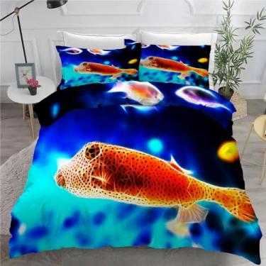 Imagem de Jogo de cama com 3 peças de capa de edredom azul com estampa de peixes marinhos, 172,7 x 228,6 cm e 2 fronhas, com fecho de zíper e laços