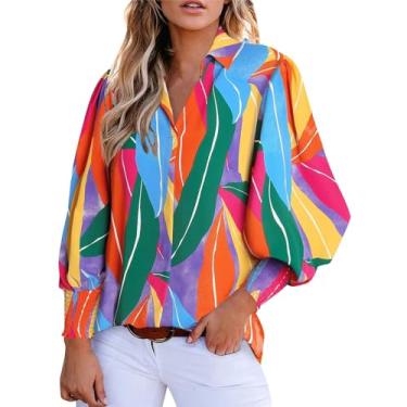 Imagem de 2024 Camiseta feminina balão manga longa blusas modernas cores brilhantes camisetas gola V abotoadas tops soltos, Vermelho, GG