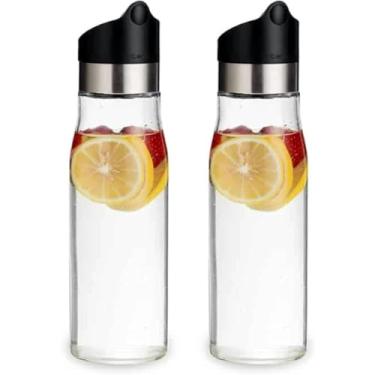 Imagem de J&M DESIGN Pacote com 2 jarras de vidro de 800 ml com tampa, garrafa de água, tampa de aço inoxidável e plástico de fácil torção com coador removível, suco, bebida, gelo, café, leite, lava-louças,