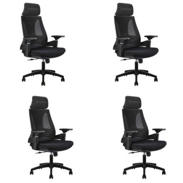 Imagem de Kit 4 Cadeiras Office Diretor Toledo com Apoia Cabeça e Braços 3d Nr17 Preto
