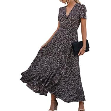 Imagem de PRETTYGARDEN Vestido maxi feminino de verão, casual, floral, decote em V, manga curta, bainha com babados, vestidos longos de praia, Café, GG