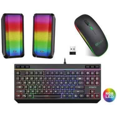Imagem de Kit Teclado Semi-Mecanico Mouse s Fio Caixa de Som Led RGB Gamer 10W -