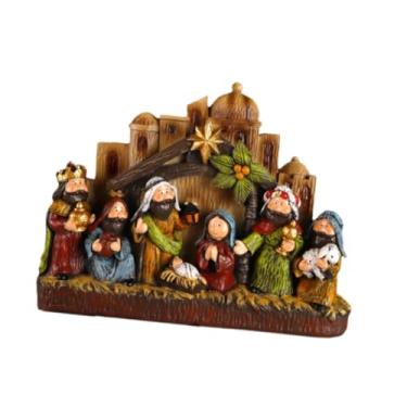 Imagem de JISADER Presépio de Natal iluminado em miniatura 28x6,5x21cm Coleção de Natal Estátua do Nascimento de Jesus pintada à mão Decoração de mesa