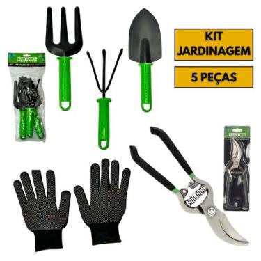 Imagem de Kit Jogo Jardinagem Jardim Pá Tesoura Poda Luva 5 Peças Profissional -
