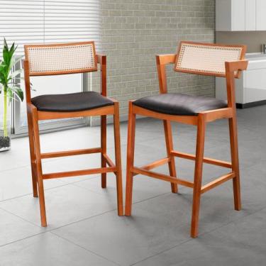 Imagem de Conjunto 2 Banquetas em Madeira Maciça, Estofada e Rattan de Fibra 100