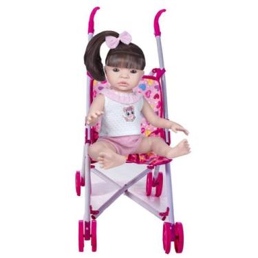 Imagem de Kit Boneca Bebê Reborn Sid Nyl 1184 Cabelo Castanho Carrinho