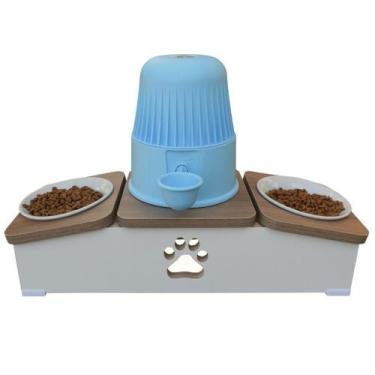 Imagem de Comedouro Elevado Duplo Hibrido Cachorro Base Bebedouro Pet MDF - Porc
