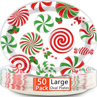 Imagem de Qyeahkj 50 peças de pratos ovais de papel de hortelã-pimenta de Natal 28 cm grandes decorações de festa de bengala doce de Natal conjunto de utensílios de mesa descartáveis para jantar e sobremesa