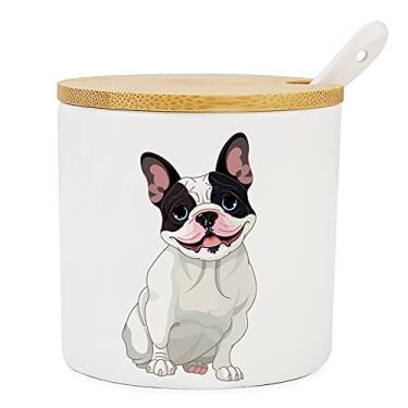 Imagem de Açúcar de cerâmica, açucareiro de porcelana Kitchenexus com tampa de madeira e colher de aço inoxidável 255 g/266 ml com padrão de cachorro, adequado para café, cozinha e café da manhã em casa, o melhor presente para amantes de cães