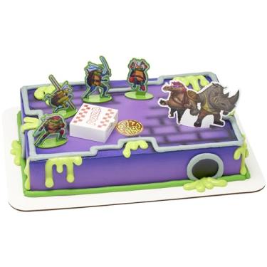 Imagem de DecoSet® Teenage Mutant Ninja Turtles™ Pizza Power Cake Topper, 6-Piece Cake Decoration With Turtle Figurines, Cake Pic, And Pizza Launcher ! | For Birthday, Parties, Celebration