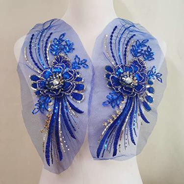 Imagem de Remendo bordado de tule com contas de tule e aplique de flor para roupas vestido de casamento renda tecido DIY decoração (azul royal)